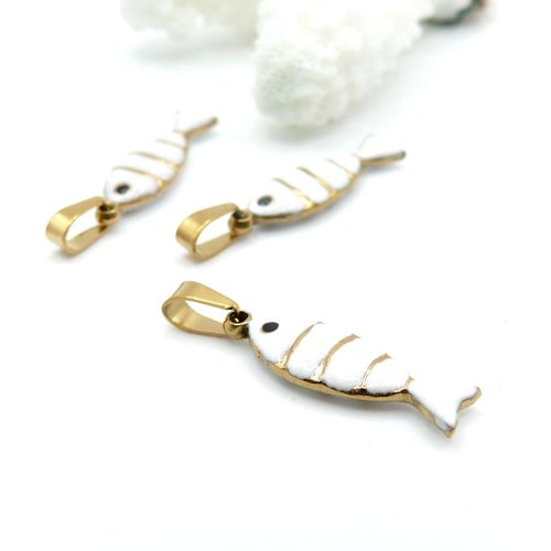 H11wg2821802 – lot de 1 pendentif avec bélière poisson blanc 22 mm – acier inoxydable 304 doré