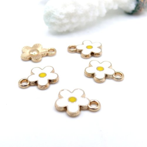H11d04302g01 – lot de 10 breloques fleurs 10 mm – résine style émaillé blanc – base dorée