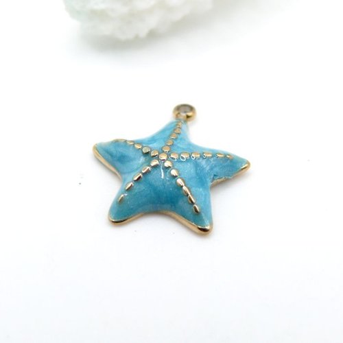 Ps11951041 – lot de 1 pendentif étoile de mer 16 mm avec résine émaillée bleu – acier inoxydable 304 doré à l’or fin 14k, pvd