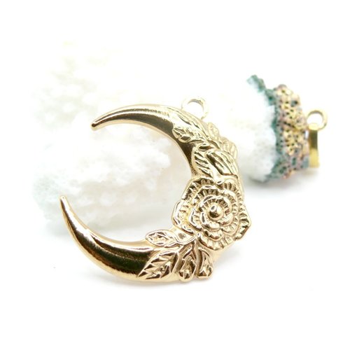 H11n098066lg – lot de 1 pendentif lune avec fleurs 30 mm – acier inoxydable doré à l'or fin 18k, ionique