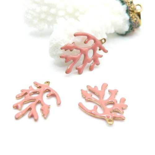 Ps11950081 – lot de 1 pendentif branche de corail 20 x 15 mm – résine émaillée rose, laiton doré