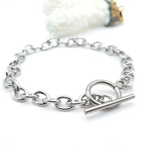 H11p24539p – lot de 1 bracelet 19.4cm maille ovale  8 par 6 mm et t toggle  – acier inoxydable 304 argenté