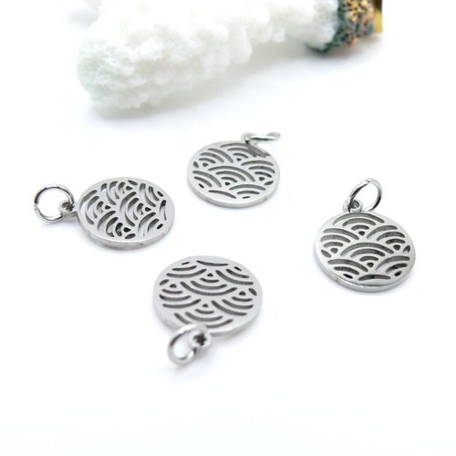 H11z11902p – lot de  4 pendentifs avec anneau cercle vague zen 12 mm – acier inoxydable argenté