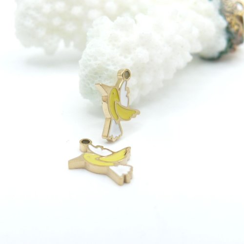 Ps11910326 – lot de 1 pendentif oiseau 13 mm – résine émaillée & acier inoxydable doré à l’or fin 18k