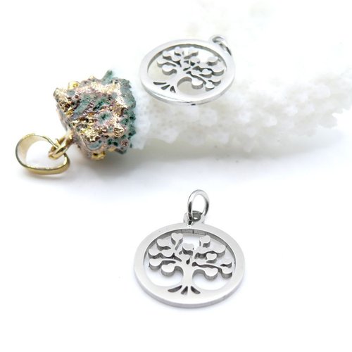H11t046ja3501 – lot de 2 pendentifs avec anneau médaillon arbre à cœur 17mm, acier inoxydable argenté