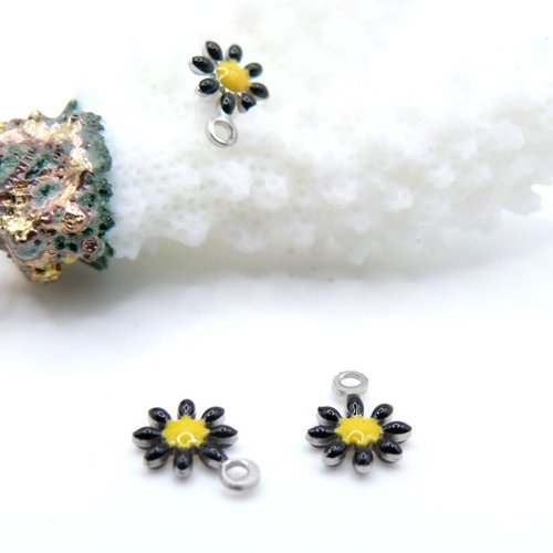 Bu112307180929333225 – lot de 6 pendentifs fleur marguerite résine émaillée  noir 7mm – acier inoxydable 304 argenté