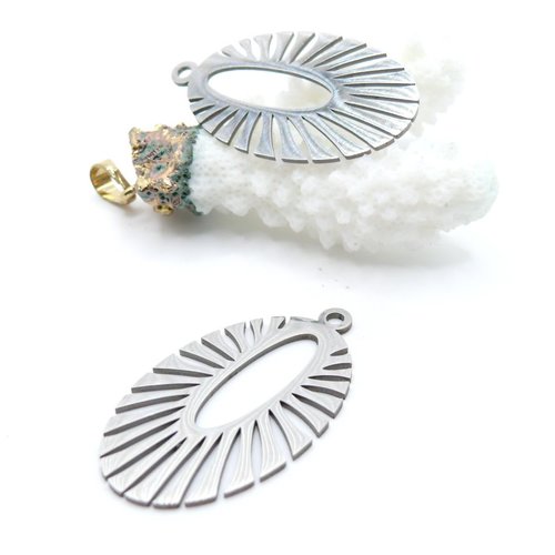 H11z10911p1 – lot de 2 pendentifs  art déco ovale 38 mm – acier inoxydable argenté