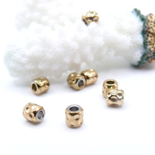 H11p32704g – lot de 10 perles intercalaires rondelles martelées 4mm, trou 1.2mm – acier inoxydable 304 doré à l’or fin 18k, ionique