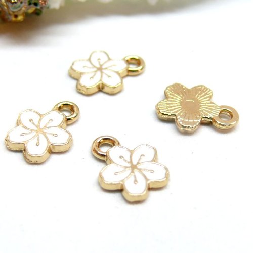 H11c00534g02 – lot de 10 breloques fleurs de sakura 9 mm – résine style émaillé blanc – base dorée