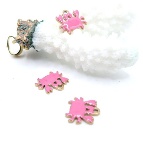 H11a10101a02g  lot de 4 pendentifs crabe 12mm – résine émaillée rose acier inoxydable 304 doré 18k
