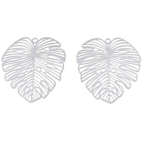 H11n10214p – lot de 4 estampes pendentif filigrane feuille de monstera, feuille exotique 30 mm – acier inoxydable – argent platine