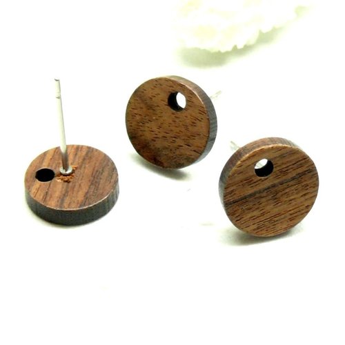 H11n032043a – lot de 4 boucles d’oreille puce ronde 10mm – bois naturel avec trou d’attache