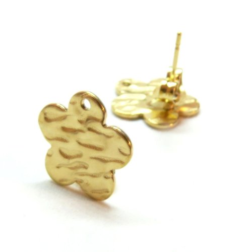 H11l024003g03  lot de 4 boucles d'oreille puces fleur martelée 12mm avec trou, acier inox doré 18k, ionique