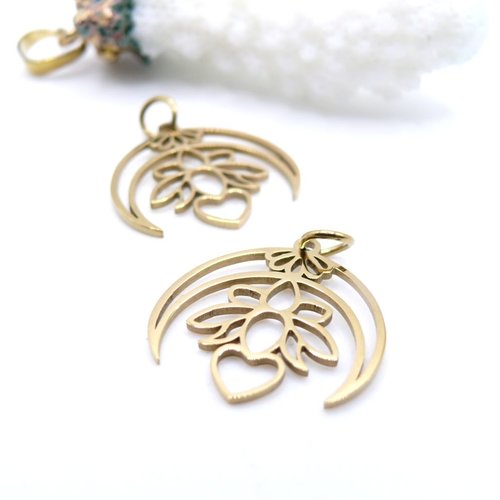 H11z11912g – lot de 2 pendentifs fleur de lotus lune 19.5mm – acier inoxydable doré à l'or fin 18k