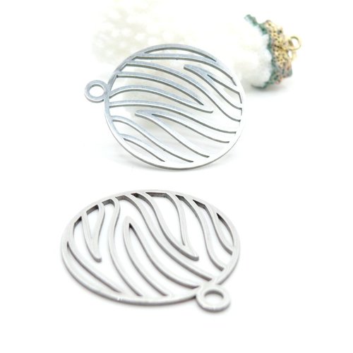 H11b08323p – lot de 2 pendentifs cercle zèbre 30 mm – acier inoxydable argenté