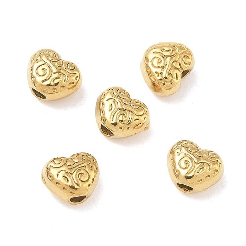 H11d20442g – lot de 4 perles intercalaires cœur travaillées 5 x 6 mm – acier inox 304 – doré à l’or fin 18k, placage ionique (ip