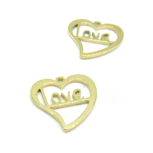 H11n09284g – lot de 4 pendentifs coeur love 15mm – acier inoxydable 304 doré placage ionique