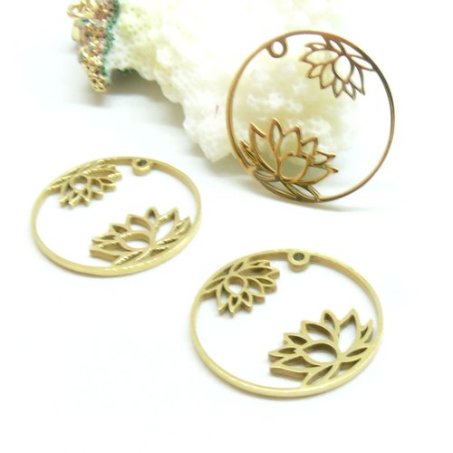 Bu112207281825143225 – lot de 2 pendentifs fleur de lotus 25mm – acier inoxydable 304 doré placage ionique