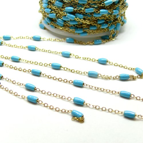 H11g006g05 – lot de 50 cm chaîne avec perle oblong résine émaillée bleu turquoise – acier inoxydable 304 doré placage ionique