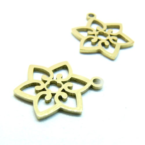 H11d04608g – lot de 1 pendentif fleur 13mm – acier inoxydable 316 doré à l'or fin 18k placage ionique