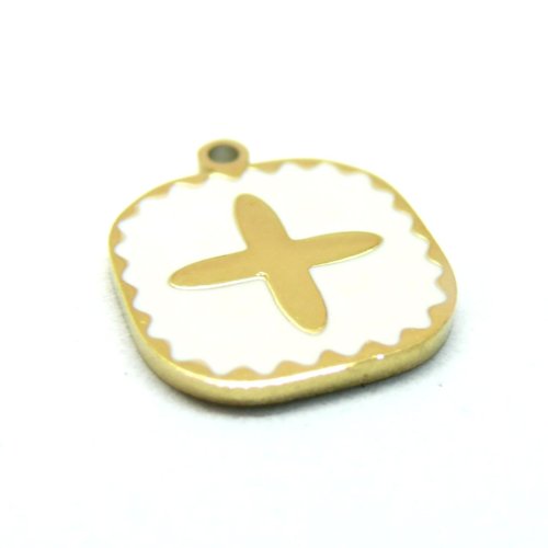 H11d03516g – lot de 1 pendentif carré croix 14mm émaillé blanc acier inoxydable 316l doré 18k placage ionique