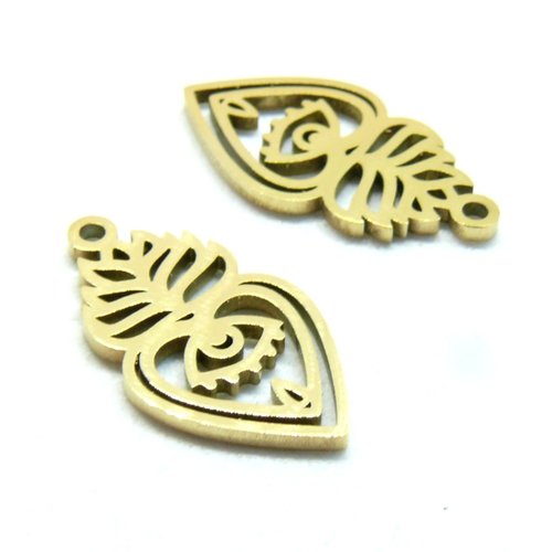 H11d04605g – lot de 2 pendentif coeur ex voto 17mm – acier inoxydable 316 doré à l'or fin 18k placage ionique