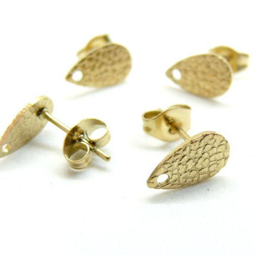 H11l21646g – lot de 4 boucles d'oreilles puce goutte 10mm texturées trou & embouts acier inoxydable 304 doré  ionique