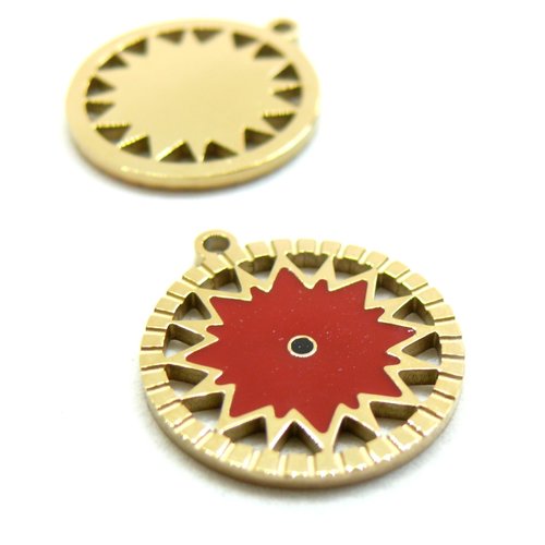 H11p33908g – lot de 1 pendentif médaillon soleil 18mm résine émaillée acier inoxydable 304 doré placage ionique coloris 01