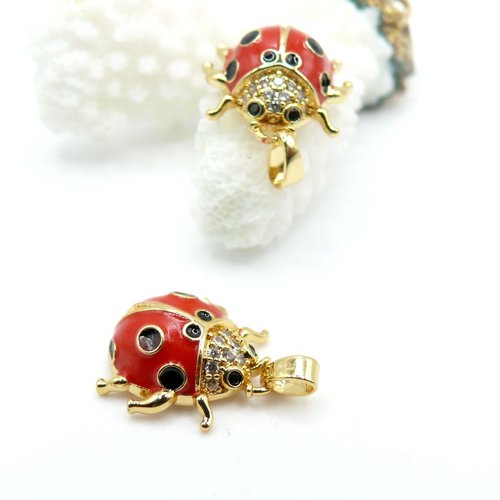 Ps11953441 – lot de 1 pendentif avec bélière coccinelle avec strass 21 mm – résine émaillée rouge