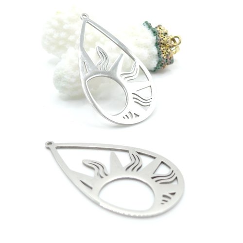 H11s105la214 – lot de 2 pendentifs goutte avec soleil 45 mm – acier inoxydable argenté
