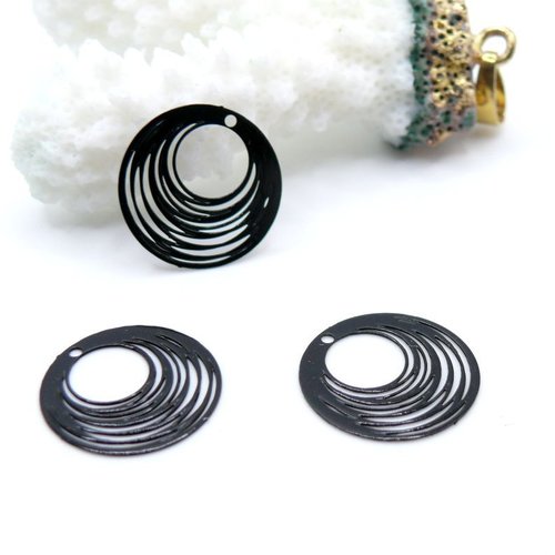 Ps110923402 – lot de 20 estampes pendentifs filigrane cercle 15.5 mm – métal noir