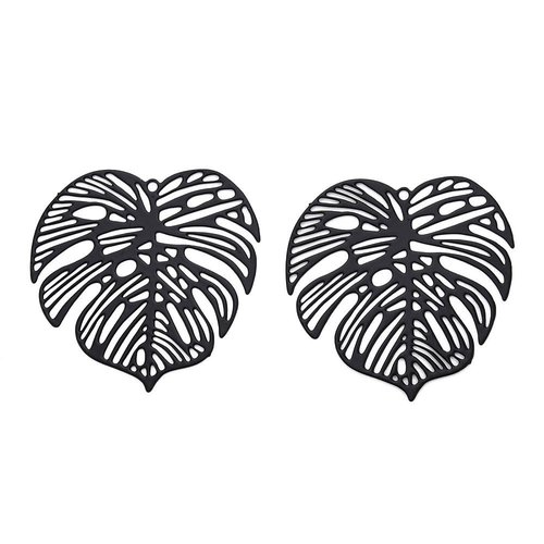 H11tac001826i – lot de 4 estampes pendentifs filigrane feuille de monstera 32 mm – acier inox 304 – noir