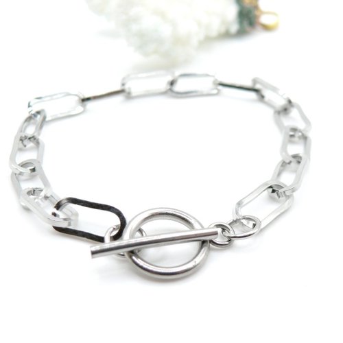 H11h54103ap– lot de 1 bracelet  20.5cm maille ovale rectangle 14mm et t toggle  – acier inoxydable 304 argenté
