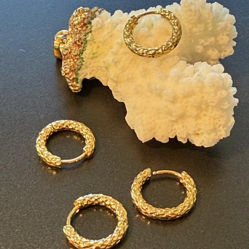 H11g37402ag– lot de 2 créoles rondes martelées  12 par 2.5 mm – acier inoxydable 304 doré à l'or fin 18k, ionique