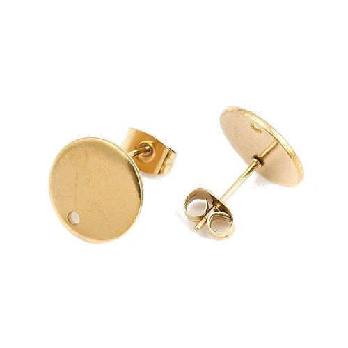 H11h43621g05 – lot de 2 boucles d’oreilles puces rondes avec trou d’attache 15 mm – acier inoxydable 304 doré, placage ionique
