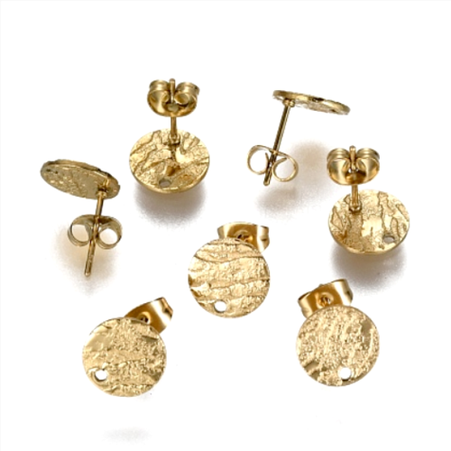 H11i15711bg – lot de 4 boucles d'oreilles puces rond martelé 12mm avec trou – acier inoxydable 304 doré placage ionique