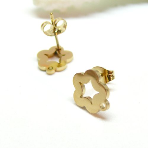 H11i20650g – lot de 2 boucles d’oreilles puces fleur 11mm avec attache et embouts – acier inoxydable 304 doré ionique