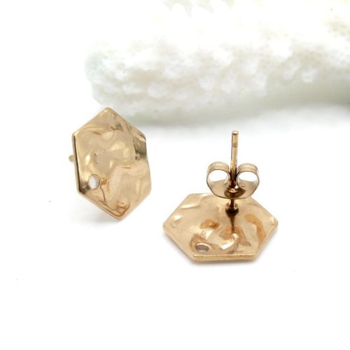 H11l024003g06 – lot de 4 boucles d'oreilles puce hexagone martelée 13mm – acier inoxydable 304 doré 18k ionique