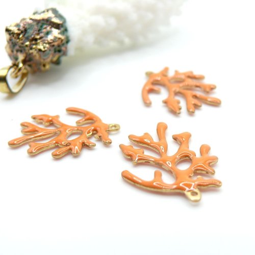 Ps11950082 – lot de 2 pendentifs branche de corail, charms, 20 x 15 mm – résine émaillée orange, laiton doré