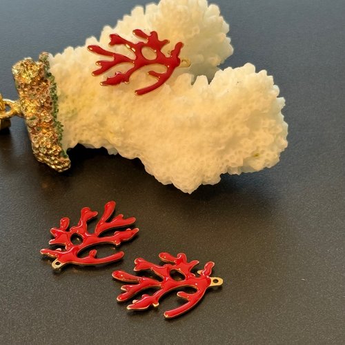 Ps11950083 – lot de 2 pendentifs branche de corail 20 x 15 mm – résine émaillée rouge, laiton doré