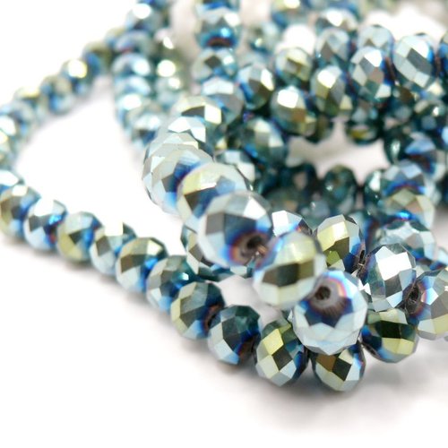 Ref 2j1412 lot de 95 perles rondelles verre facettées  6 par 4 mm – couleur bleu vert irisé