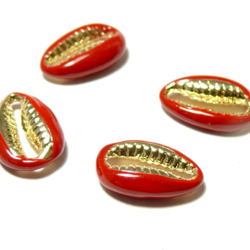 2 perles interclalaires émaillés cauri résine emaille rouge sur metal doré 14 par 4,5mm