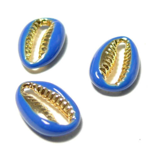 2 perles intercalaires émaillés cauri résine emaille bleu sur metal doré 14 par 4,5mm