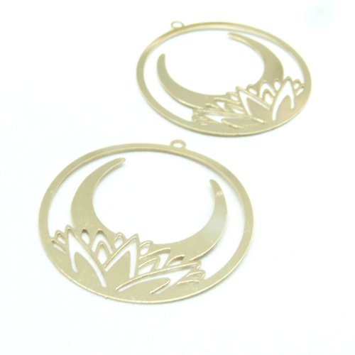 Ps11876774 pax 4 estampes pendentif filigrane fleur de lotus avec lune dans cercle 30mm métal finition doré