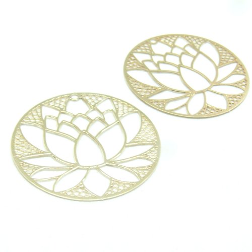 Ps11876775 pax 4 estampes pendentif filigrane fleur de lotus dans cercle 30mm métal finition doré