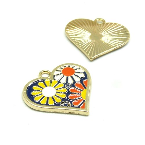 Ps11843635 pax 1 pendentif coeur émaillés flower power 22 mm métal coloris doré