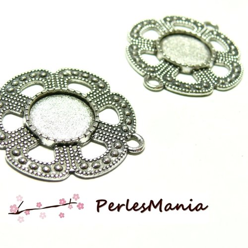 Ref 275 lot de 4 supports de connecteurs rond 14mm, fleur arty, laiton finition argent antique, diy