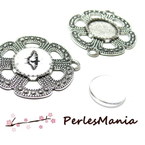 Lot de 20 pièces: 10 supports de connecteurs rond 14mm, fleur arty, laiton finition argent antique, et 10 cabochon en verre en 14mm