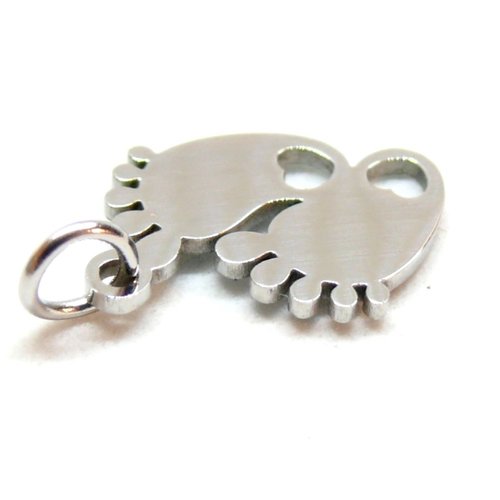 Bu11211102141839 pax 2 pendentifs avec anneau petits pieds avec coeur, baby shower 13mm, acier inoxydable 304 finition argenté
