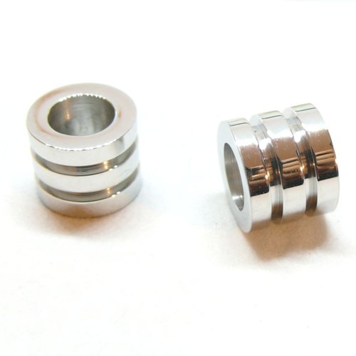 H11n097068 pax 2 perles intercalaires 10mm, trou 6mm, acier inoxydable 316l finition argenté